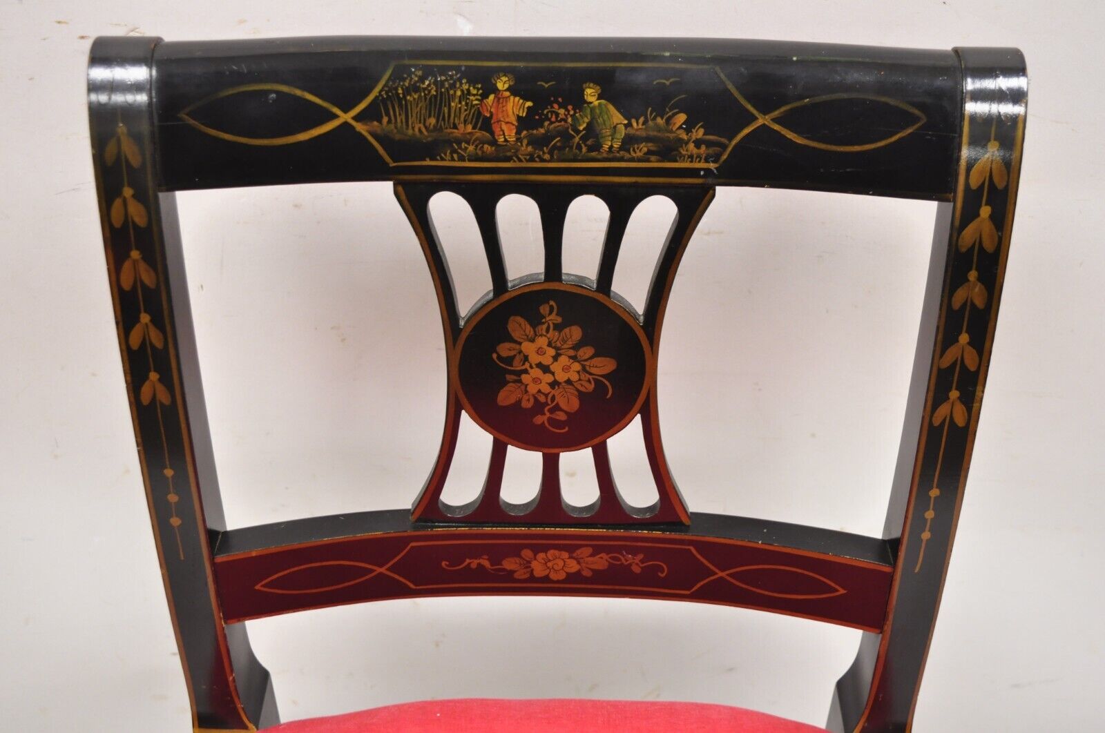 Vintage Chinoiserie English Regency Style Black Painted Dining Chairs - Set of 6