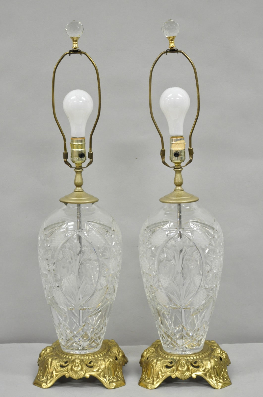 Vintage French Victorian Style Cut Crystal Glass Jardiniere Table Lamps - a Pair