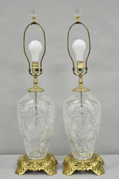 Vintage French Victorian Style Cut Crystal Glass Jardiniere Table Lamps - a Pair