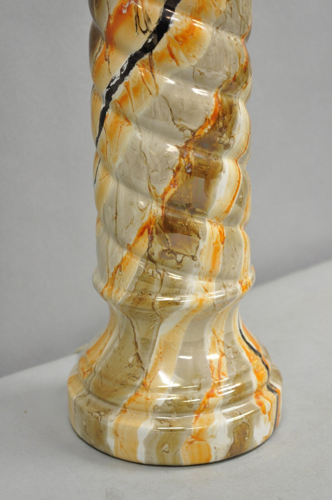 Vintage Mid Century Modern Glazed Pottery Orange Faux Marble Column Table Lamp