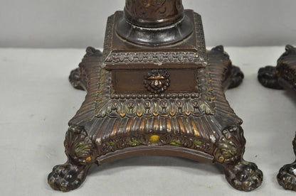 Antique French Empire Brown Painted Column Small Metal Table Lamps - a Pair