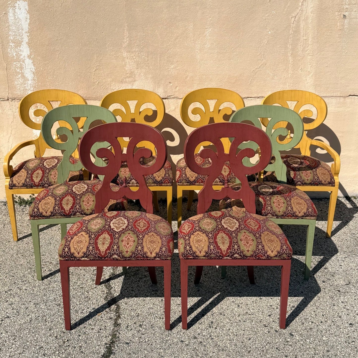 Contemporary Regency Style Red Green Yellow Scroll Back Dining Chairs - Set of 8