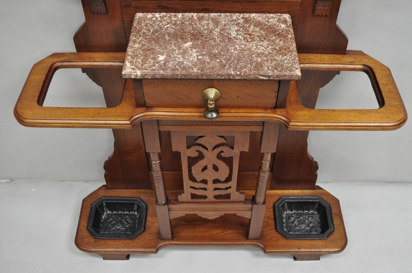 Antique Eastlake Victorian Walnut Marble Top Umbrella Stand Hall Tree Mirror