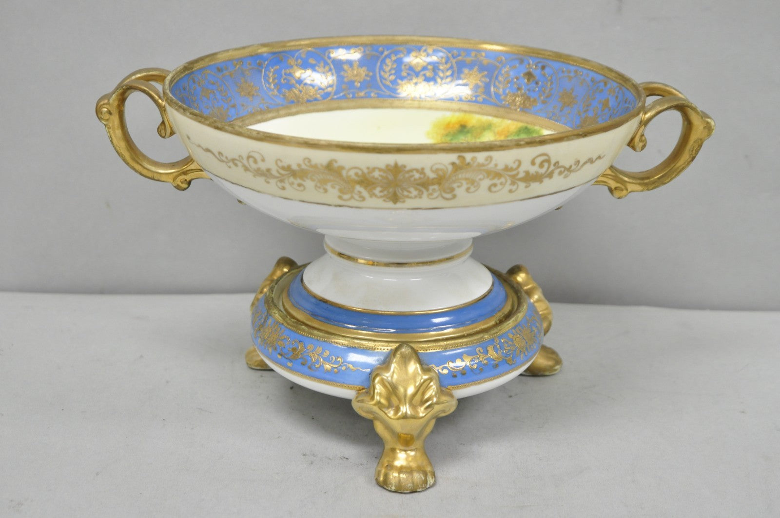 Nippon Hand Painted Porcelain Blue Centerpiece Compote Bowl w/ Cottage & Geese