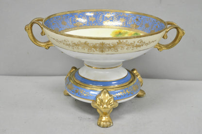 Nippon Hand Painted Porcelain Blue Centerpiece Compote Bowl w/ Cottage & Geese