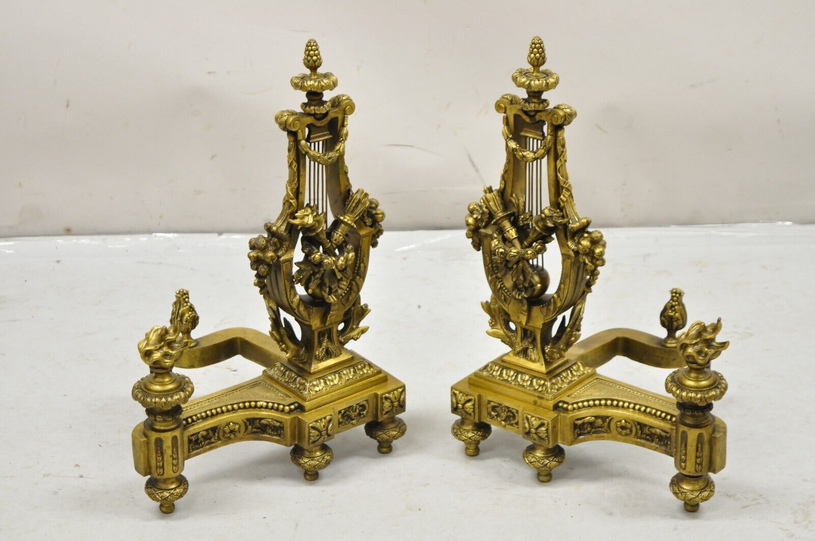 Antique French Empire Neoclassical Bronze Figural Lyre Harp Andirons - a Pair