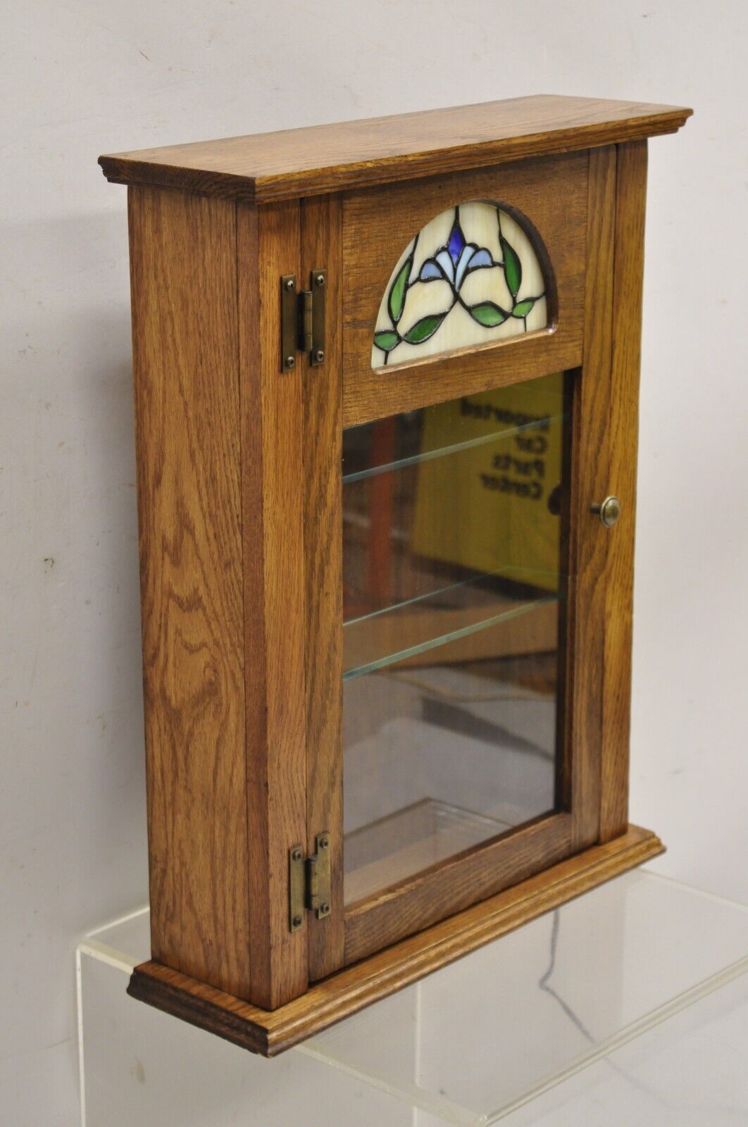 Vintage Victorian Style Oak Wood & Stained Glass Small Display Curio Cabinet