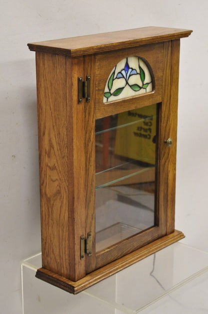 Vintage Victorian Style Oak Wood & Stained Glass Small Display Curio Cabinet