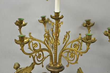 Large Antique French Rococo Louis XV Figural Cherub Bronze Candelabra Lamps Pair