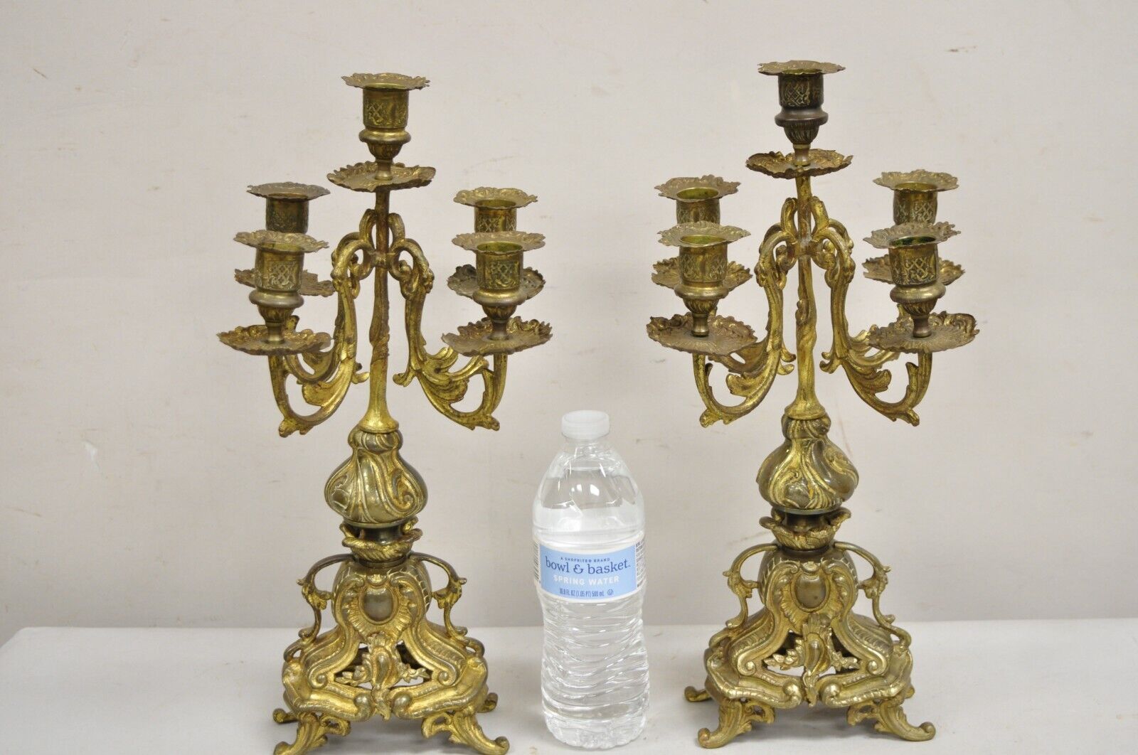 Vintage French Rococo Louis XV Style Small Ornate Brass Candelabra - a Pair