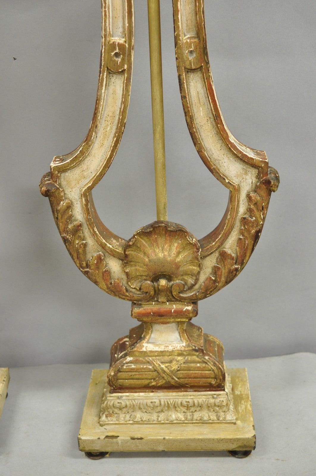 Italian Neoclassical Cream & Gold Gilt Carved Wood Harp Column Table Lamp - Pair