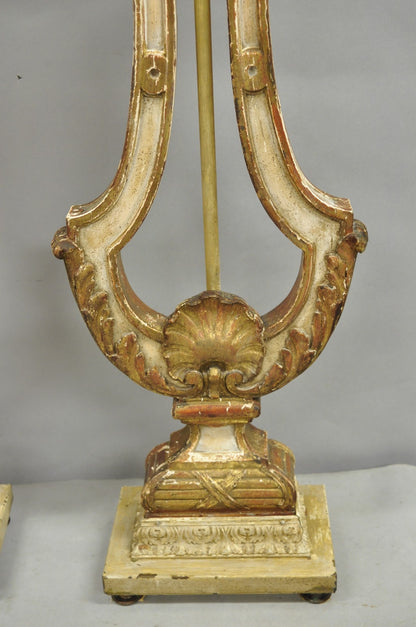 Italian Neoclassical Cream & Gold Gilt Carved Wood Harp Column Table Lamp - Pair
