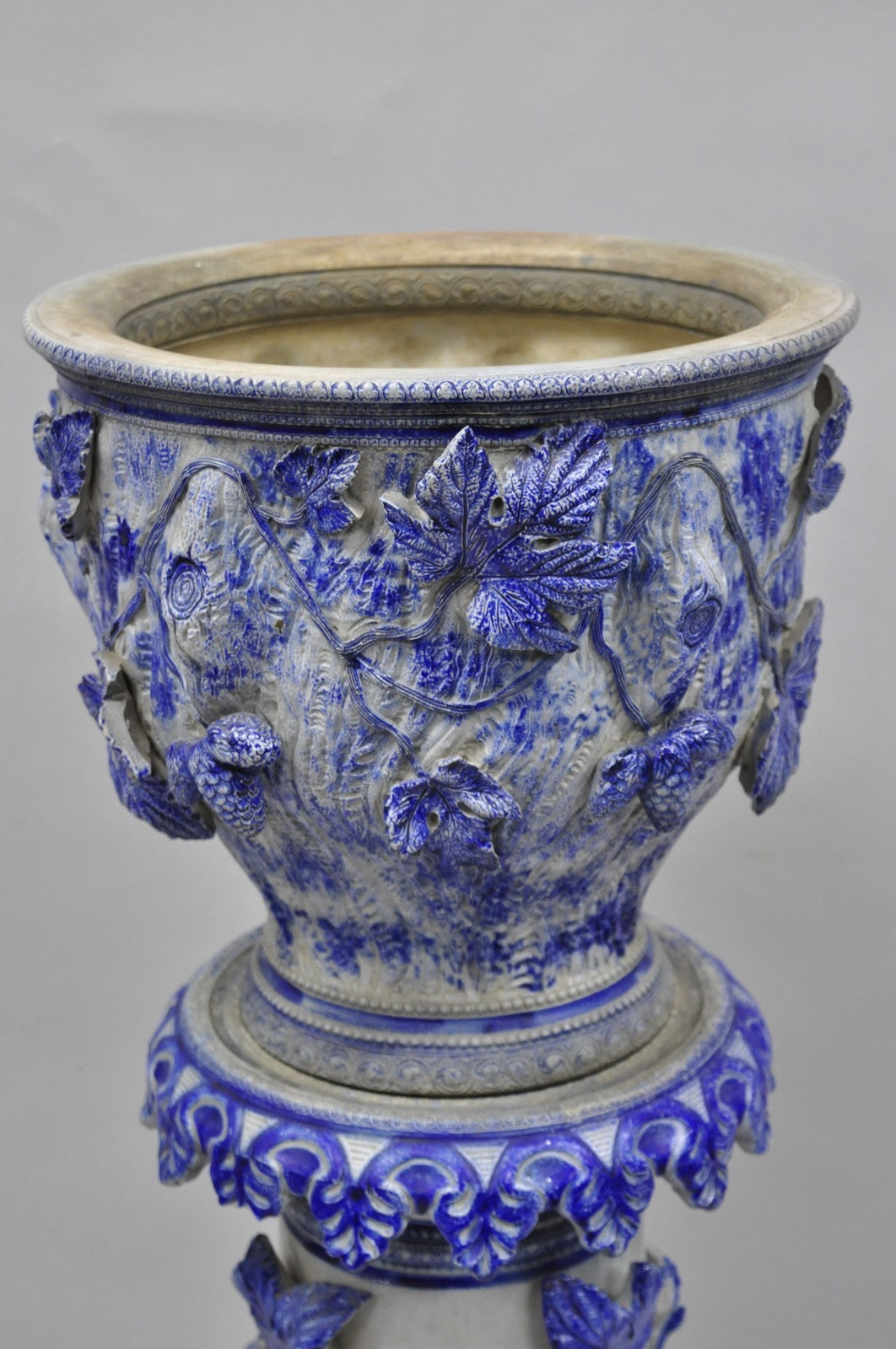 Antique German Westerwald Salt Glaze Stoneware Cobalt Blue Jardiniere & Pedestal