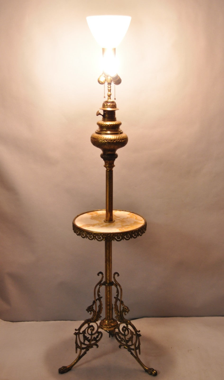 Victorian Bronze Griffin Figural Converted Oil Lamp Marble Side Table Floor Lamp