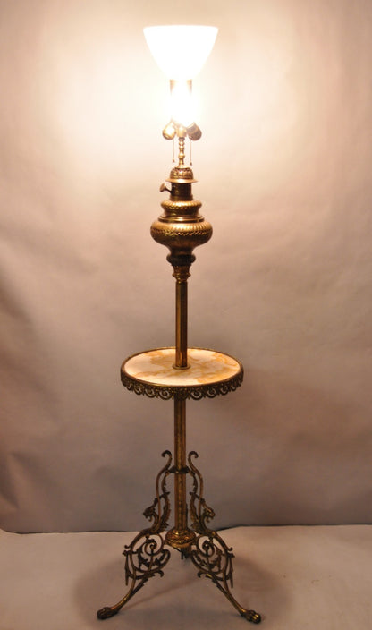 Victorian Bronze Griffin Figural Converted Oil Lamp Marble Side Table Floor Lamp