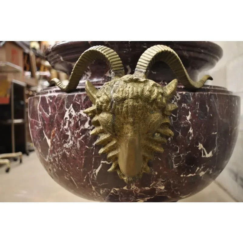 Large French Neoclassical Rouge Marble Bronze Rams Head Urn Planters - a Pair