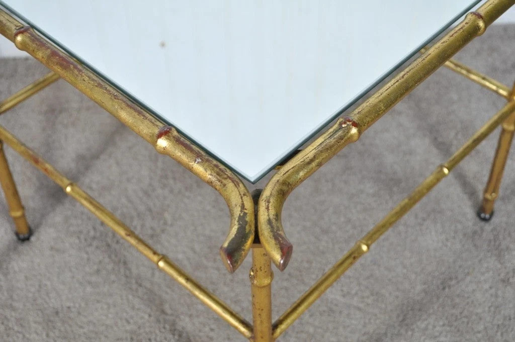Vintage Italian Hollywood Regency Faux Bamboo Gold Mirror Low Side Tables - Pair
