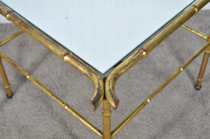 Vintage Italian Hollywood Regency Faux Bamboo Gold Mirror Low Side Tables - Pair
