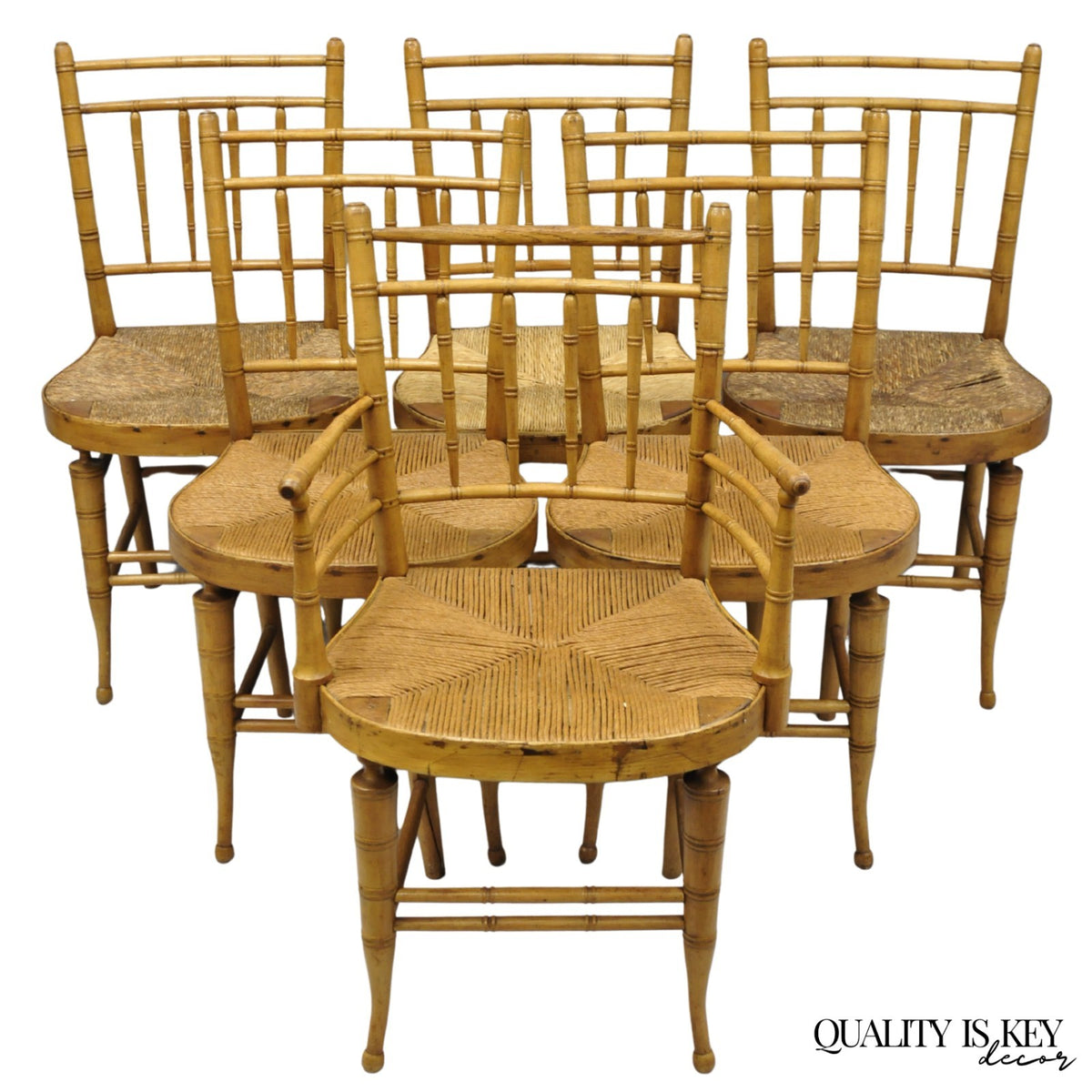 Antique English Regency Faux Bamboo Rush Seat Wooden Dining Chairs - Set of 6