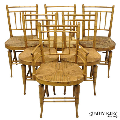Antique English Regency Faux Bamboo Rush Seat Wooden Dining Chairs - Set of 6