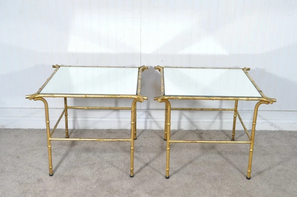 Vintage Italian Hollywood Regency Faux Bamboo Gold Mirror Low Side Tables - Pair