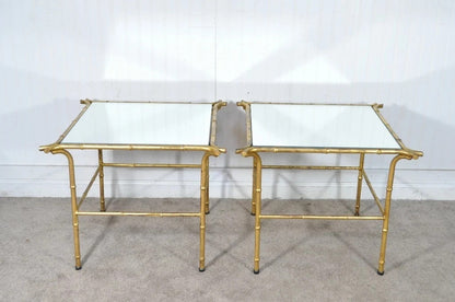 Vintage Italian Hollywood Regency Faux Bamboo Gold Mirror Low Side Tables - Pair