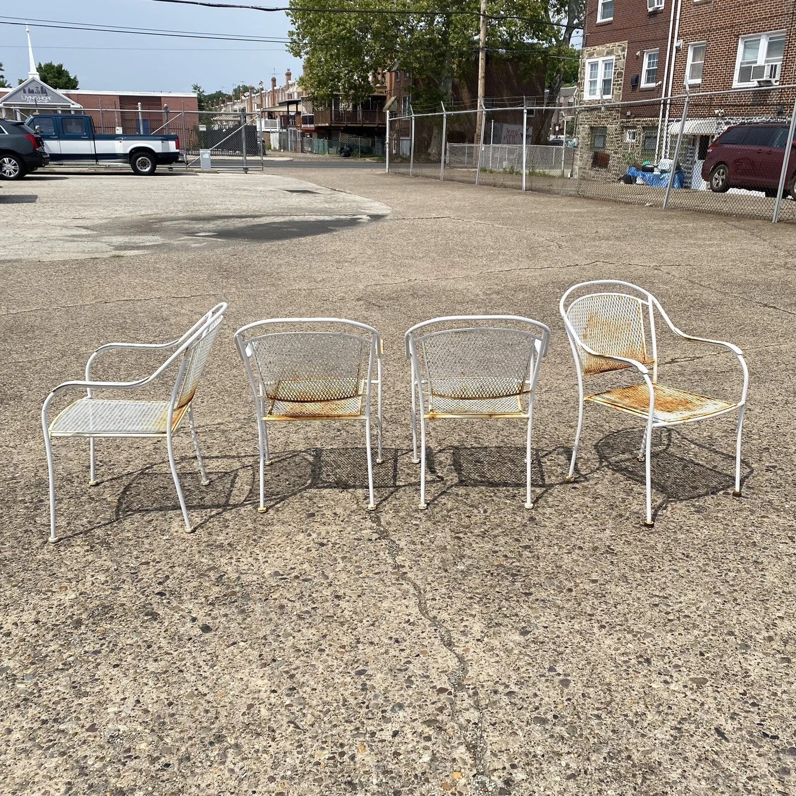 Vintage Modern Wrought Iron Sculptural Outdoor Patio Stacking Arm Chairs - Set 4
