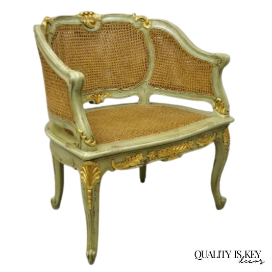 Antique French Louis XV Style Green Distressed Gold Gilt Cane Bergere Arm Chair