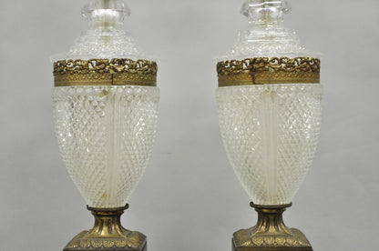 Vintage French Empire Hollywood Regency Cut Glass Crystal Urn Table Lamps - Pair