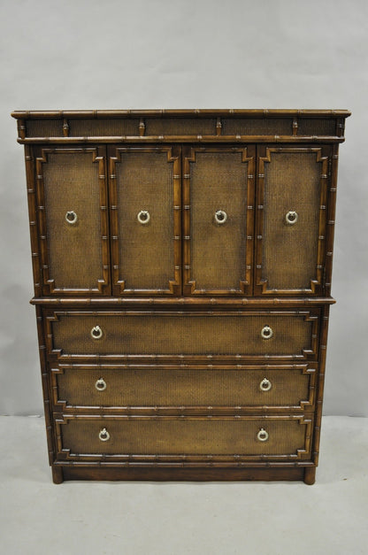 Drexel Chinese Chippendale Faux Bamboo Fretwork Rattan Tall Chest Dresser
