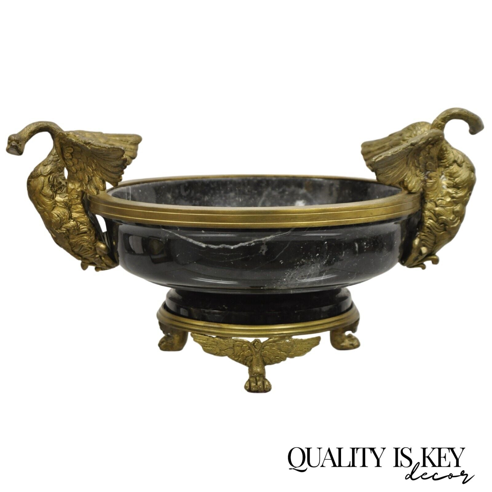 French Regency Style Black Marble and Bronze Figural Swans Centerpiece Bowl