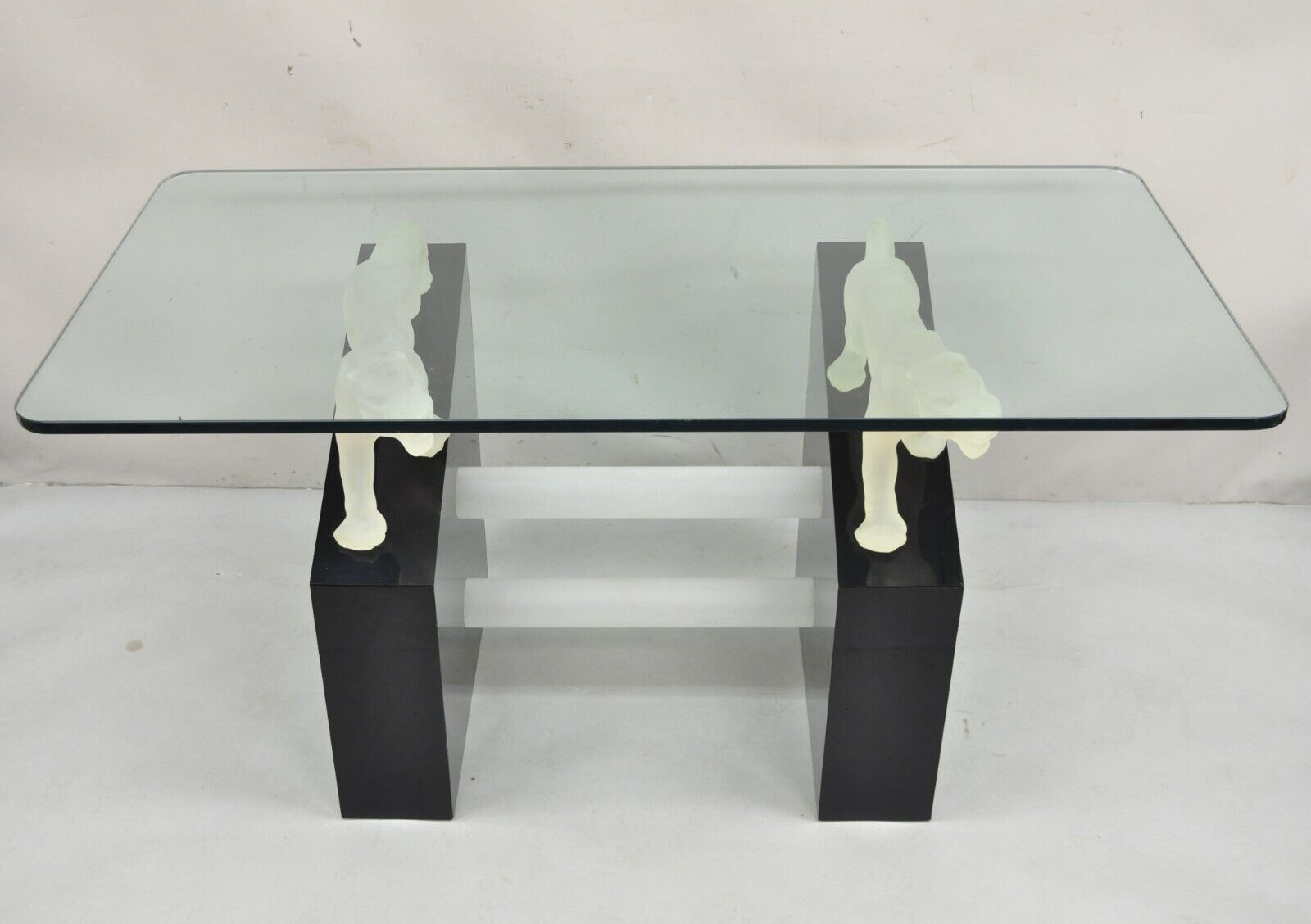 Vintage Post Modern Black Figural Acrylic Panther Base Glass Top Desk Table