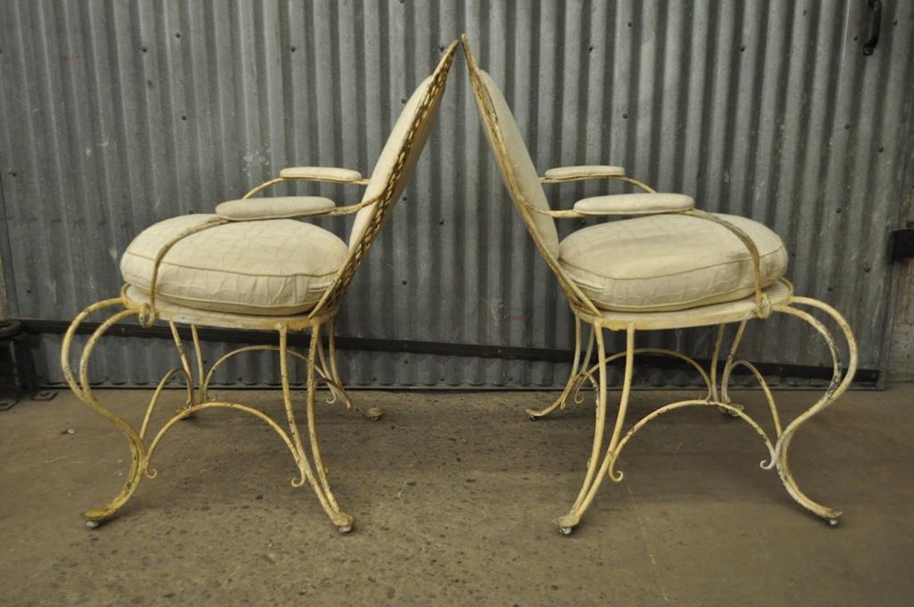 Pair Vintage Hollywood Regency Lattice Wrought Iron Patio Lounge Arm Chairs B