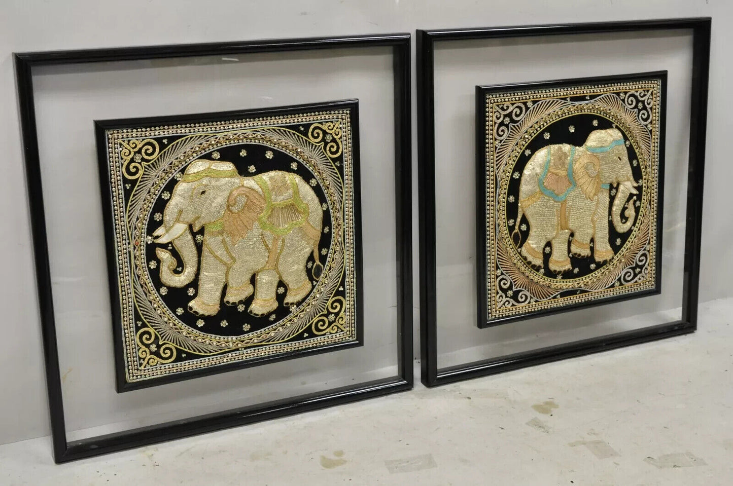 Framed Beaded Embroidered Elephant Padded Tapestry Indian Wall Art - a Pair