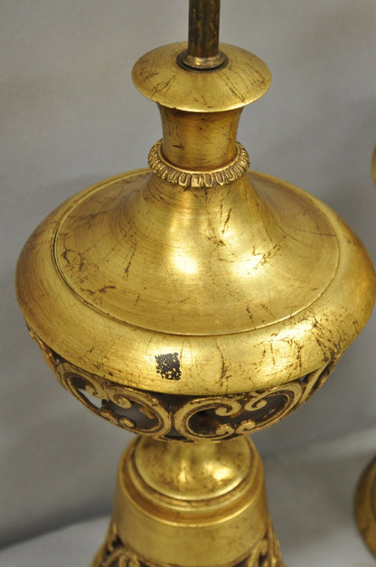 Vintage Italian Hollywood Regency Gold Gilt Iron Metal Fretwork Table Lamps Pair
