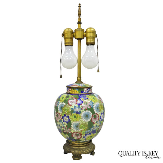 Cloisonne Porcelain Enamel Small Bronze Bulbous Chinese Ginger Jar Table Lamp