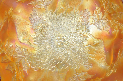 Fenton Stag & Holly Carnival Glass Ruffled Edge Footed Marigold Bowl 11" (A)