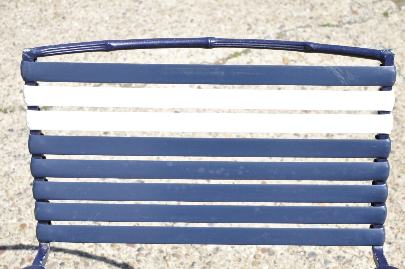 Vintage Faux Bamboo Aluminum Vinyl Straps Blue Patio Lounge Chair and Ottoman