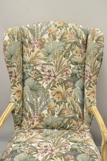 French Country Provincial Louis XV Style Upholstered Wingback Lounge Chairs Pair