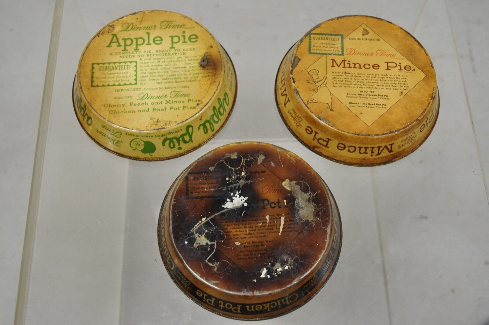 Vtg Advertisement Dinner Time Apple Pie Chicken Pot Pie Mince Pie Tin Metal Pans