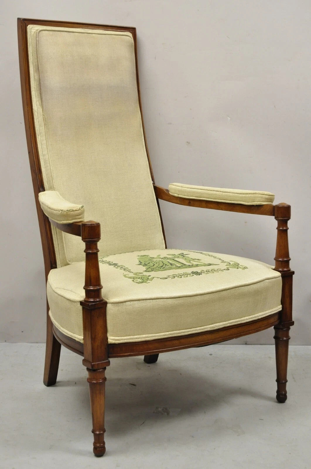 Vintage Italian Hollywood Regency Tall Back Upholstered Cherry Lounge Arm Chair