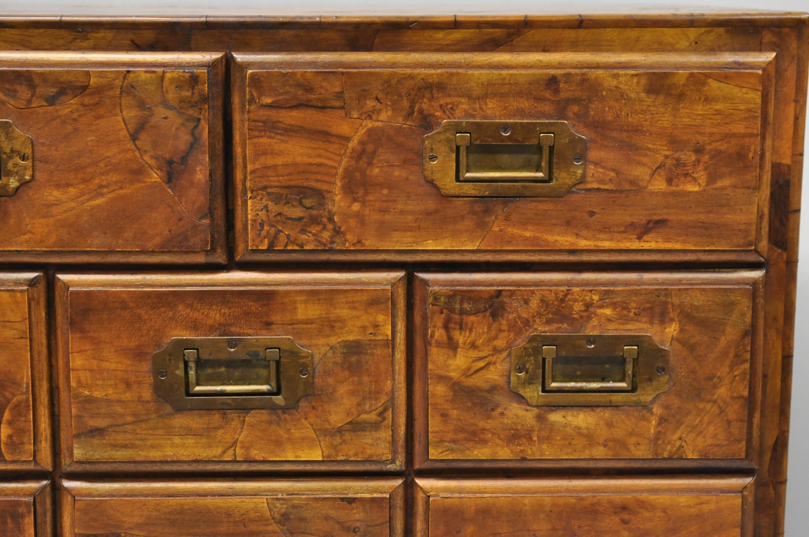 Vintage Italian Olive Wood Veneer Campaign Chest of Drawers Cabinet Side Table