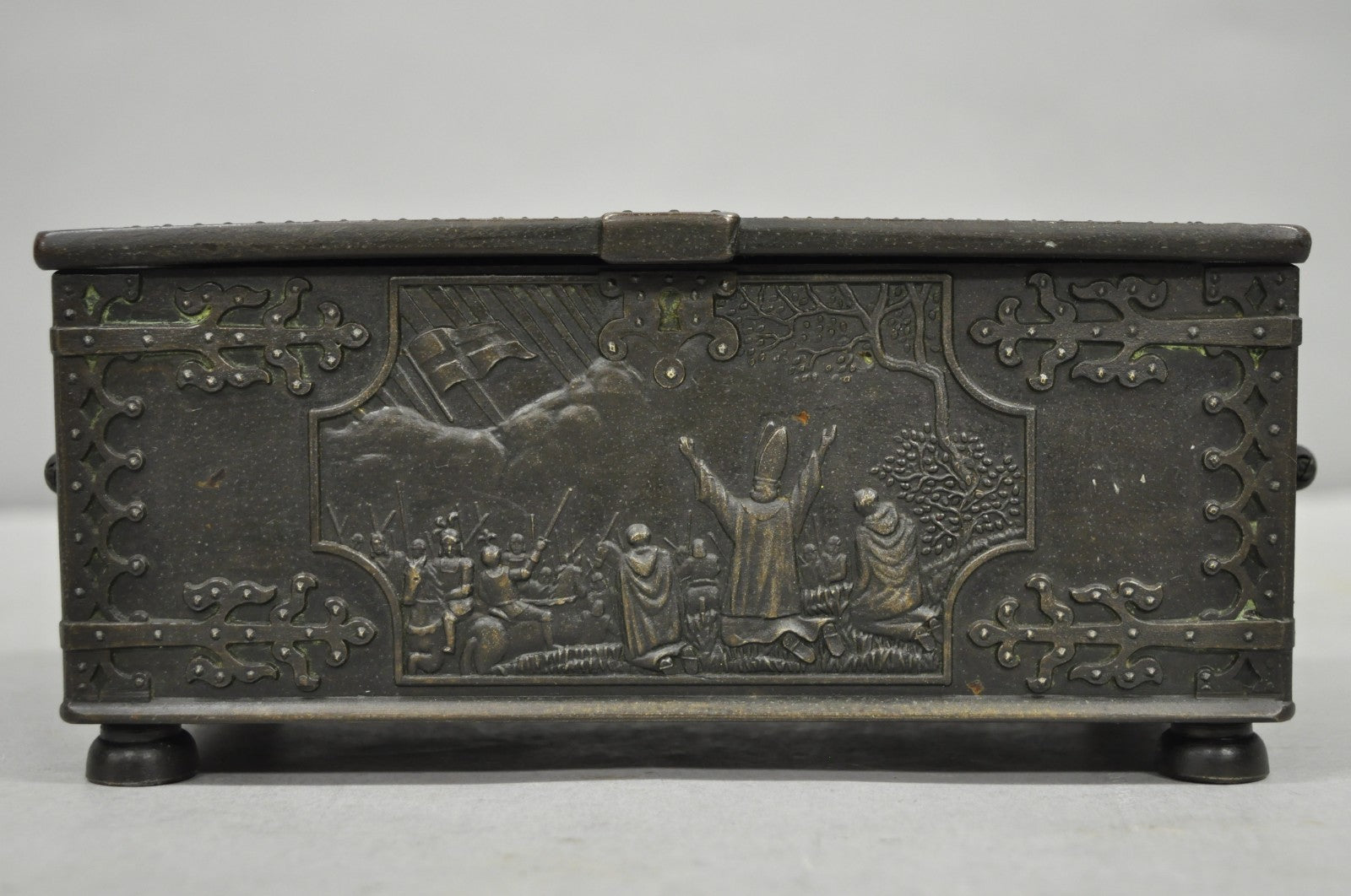 Antique "Iron Art" Denmark Bronze Trinket Jewelry Box Casket "Battle of Estonia"