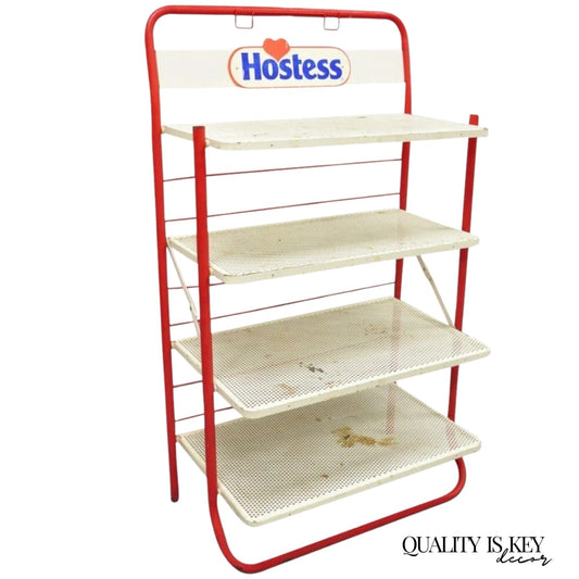 Vintage Hostess Red Metal Perforated 4 Shelf Folding Display Shelf Stand