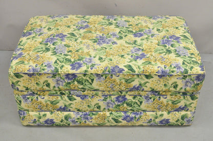 Traditional Oversized Storage Ottoman Yellow and Blue Floral Custom Upholstered