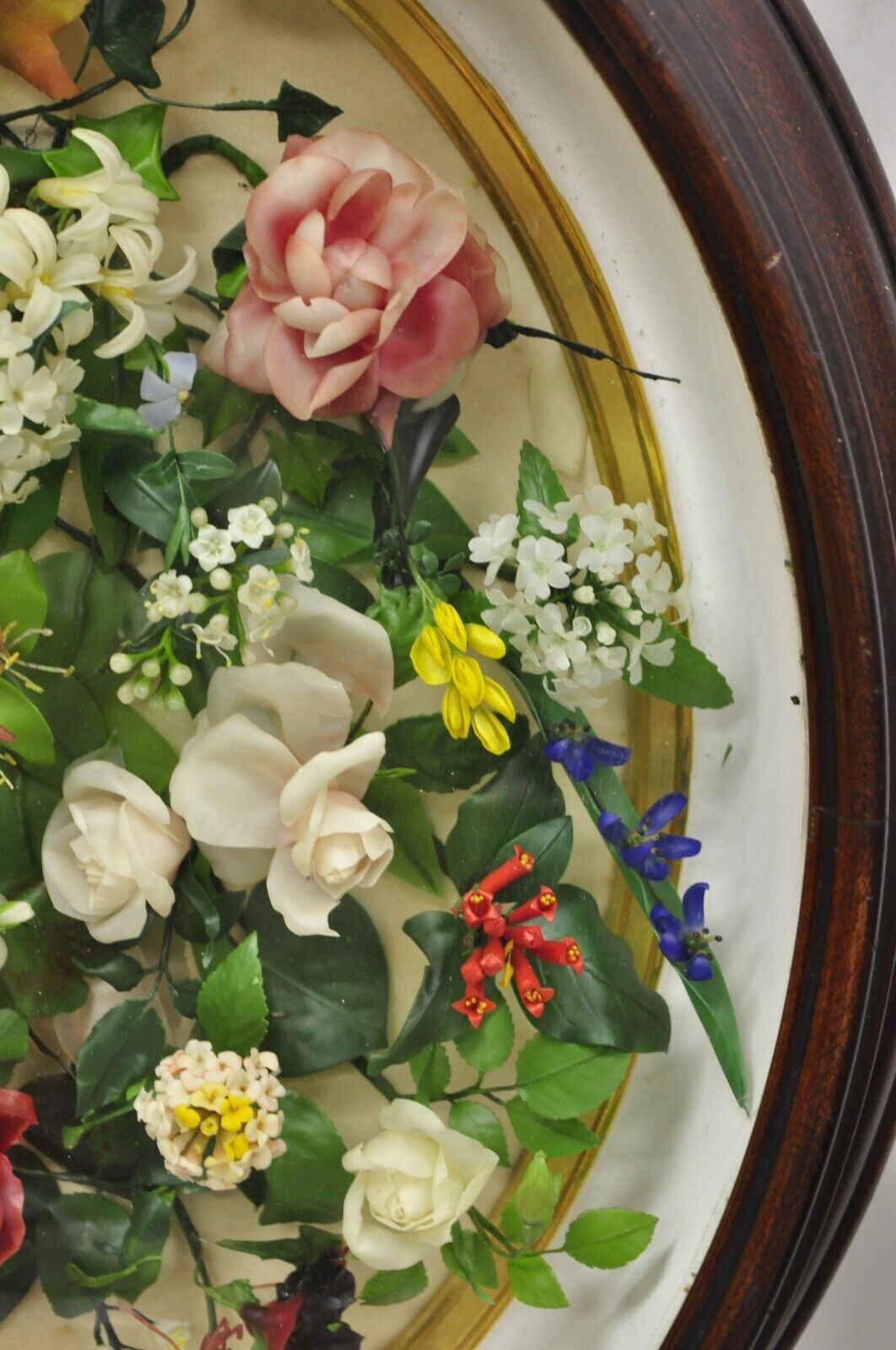 Antique Victorian Wax Floral Mourning Wreath Oval Mahogany Shadow Box Oddity