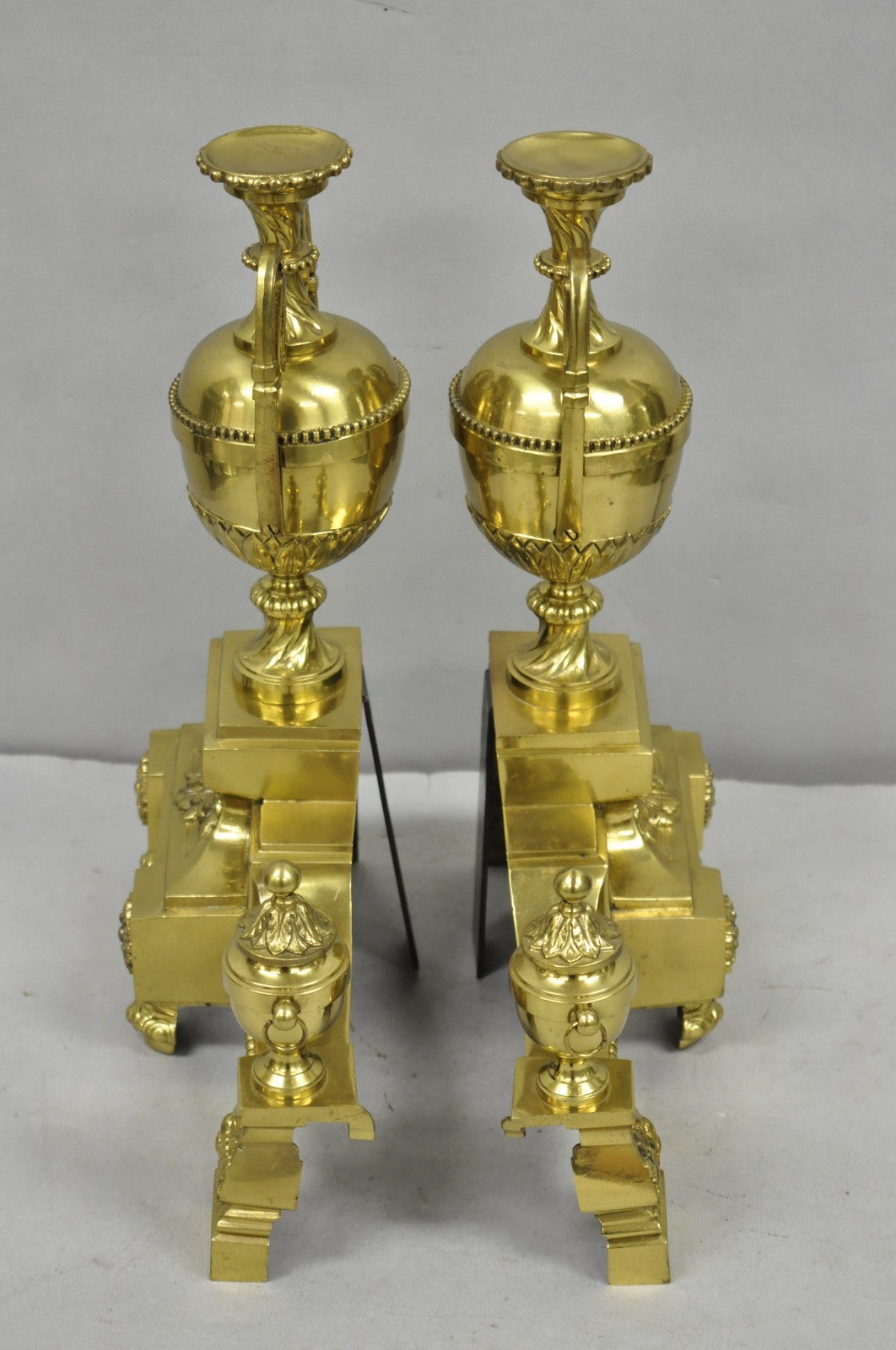 Vintage French Empire Style Gold Brass Urn Fireplace Chenet Andirons - a Pair