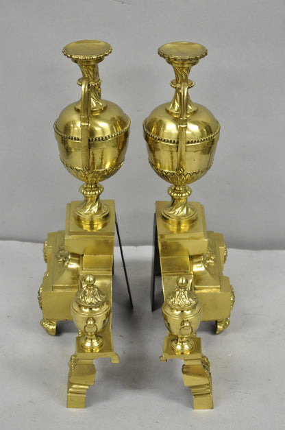 Vintage French Empire Style Gold Brass Urn Fireplace Chenet Andirons - a Pair