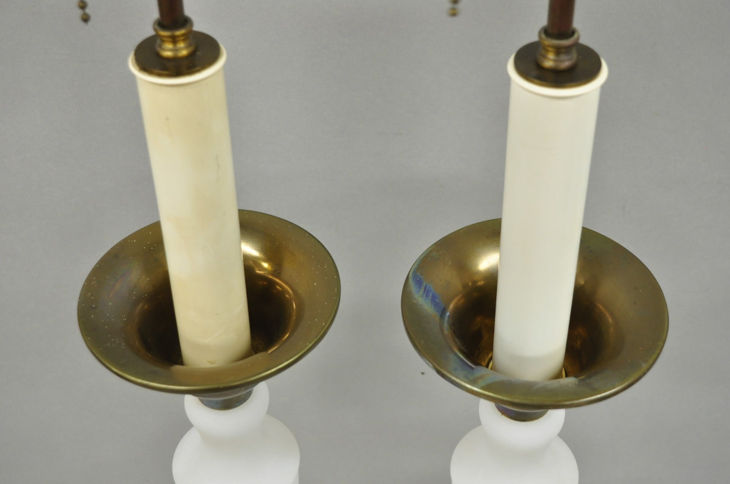 Vintage MCM Tommi Parzinger Style Tall White Frosted Glass Table Lamps - a Pair