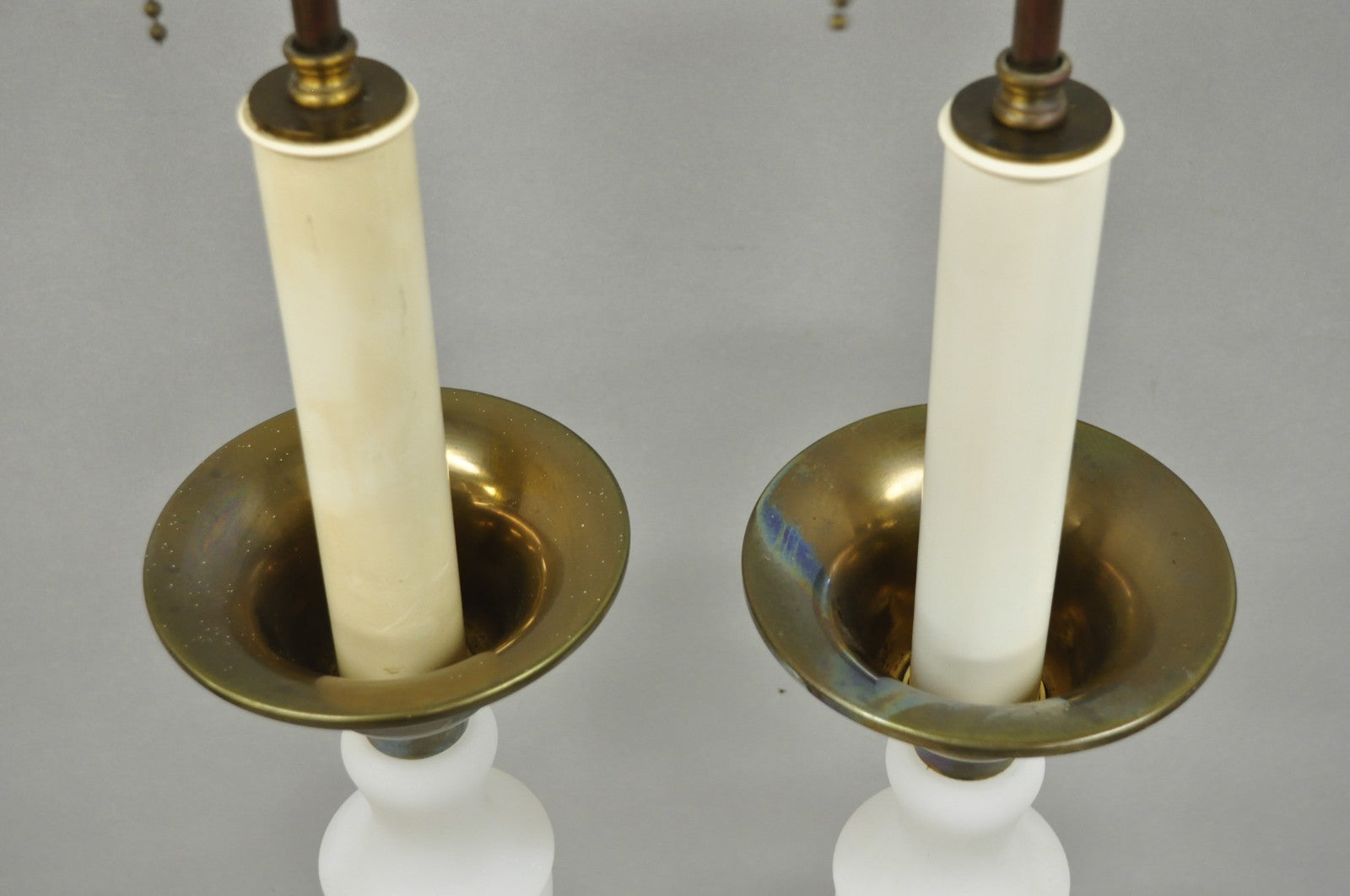 Vintage MCM Tommi Parzinger Style Tall White Frosted Glass Table Lamps - a Pair